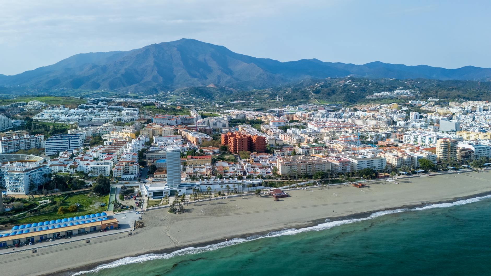 Aerial view of Estepona beachfront and buildings along the Costa del Sol in Spain