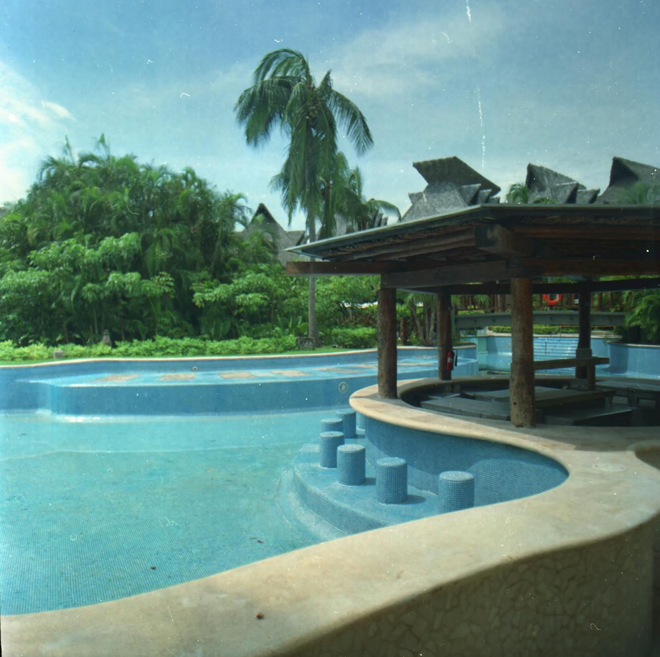 Tropical Caribbean resort pool surrounded by palm trees and lounge chairs