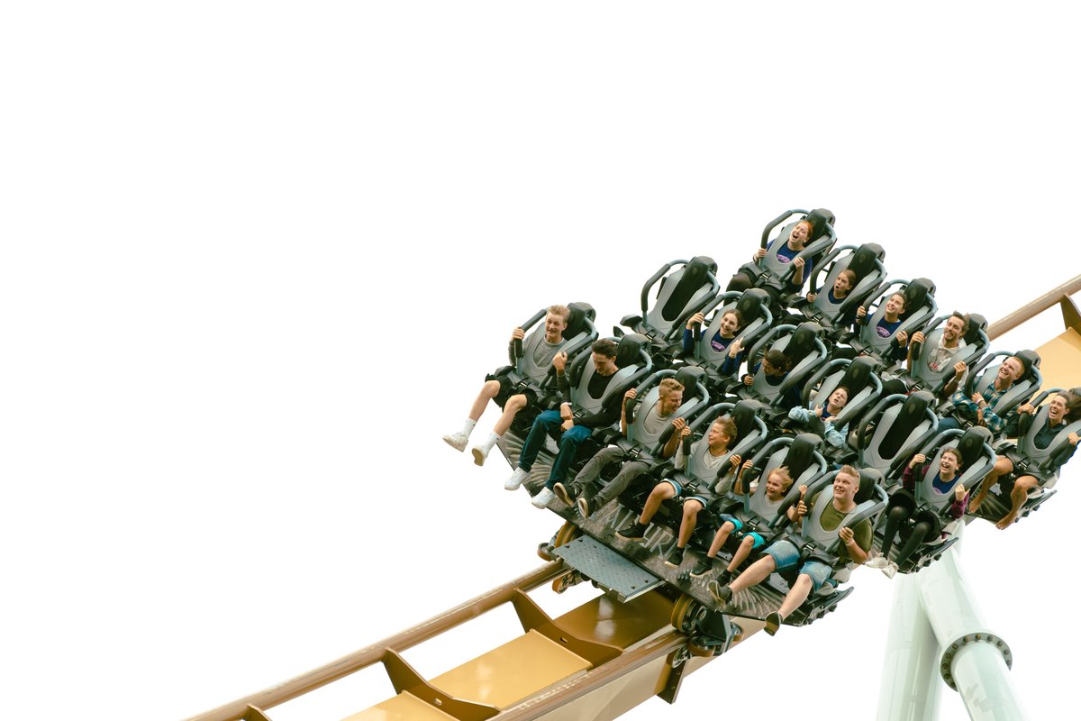Family group mid-ride on a rollercoaster, the repeat-visit thrill an Alton Towers annual pass is priced against