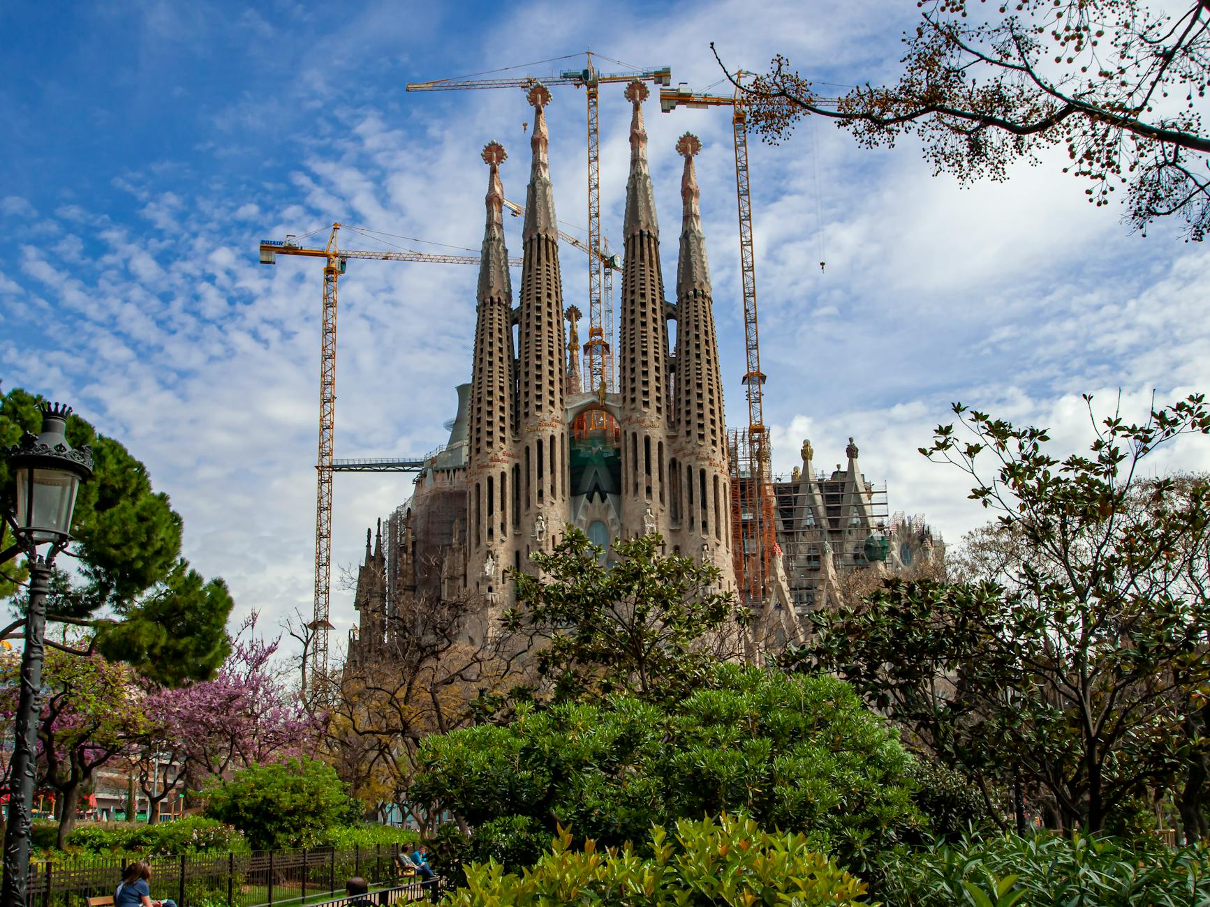 The Sagrada Familia basilica surrounded by green trees in Barcelona Spain