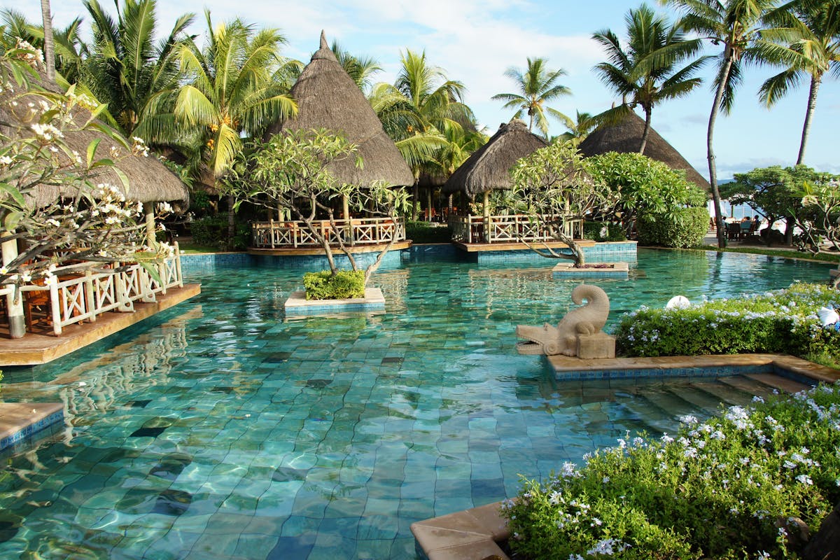Tropical resort pool area with palm trees and beach views