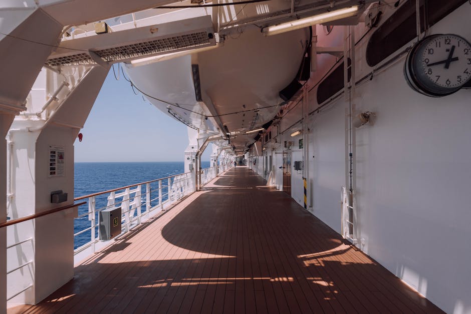 Cruise ship promenade deck overlooking the ocean on a family vacation