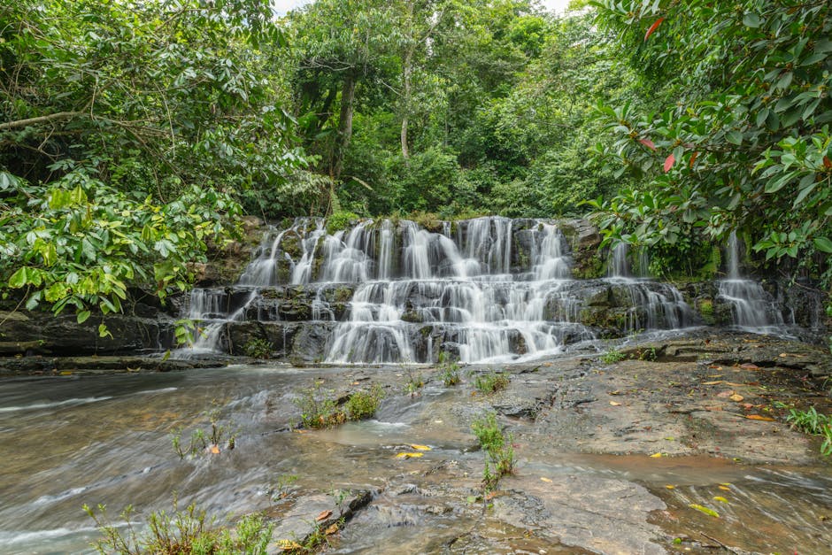 Cascading waterfall surrounded by lush green rainforest in Costa Rica