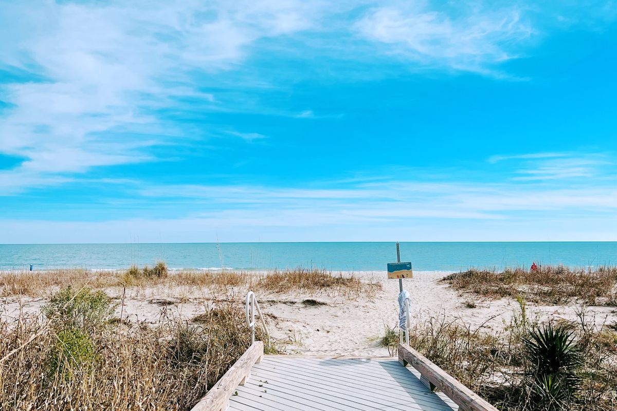 Beach walkway to the sand at Myrtle Beach on a clear summer morning