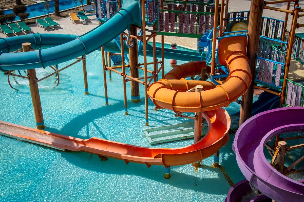 Colorful water slides at a family resort water park, the kind St Lucia families look for