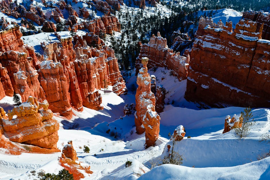 Snow-covered Bryce Canyon hoodoos during winter season in Utah
