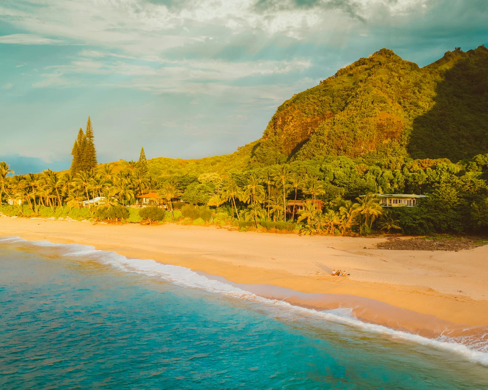 Aerial view of lush green Hawaiian coastline with golden sand beach and blue ocean