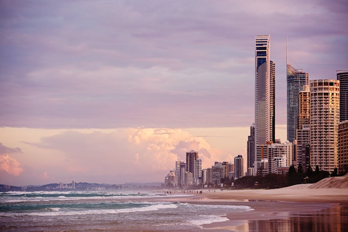 Gold Coast beach with high-rise skyline and golden sand in Queensland