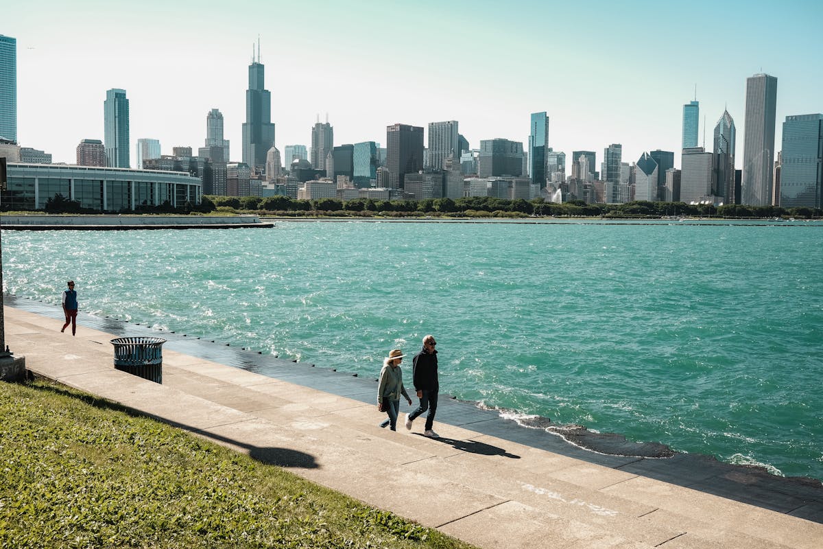 Chicago lakefront promenade along Lake Michigan with city skyline