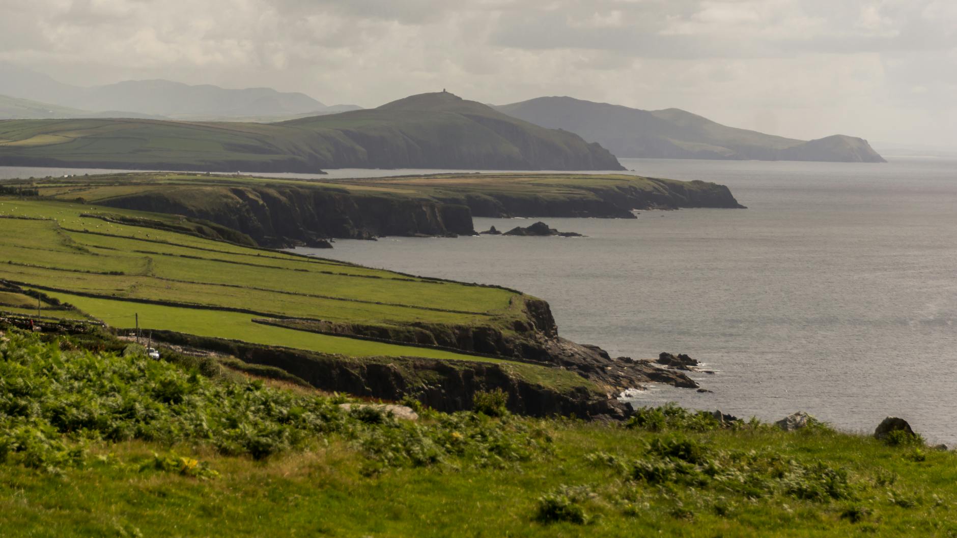 Green coastal cliffs overlooking the sea on an English coast day