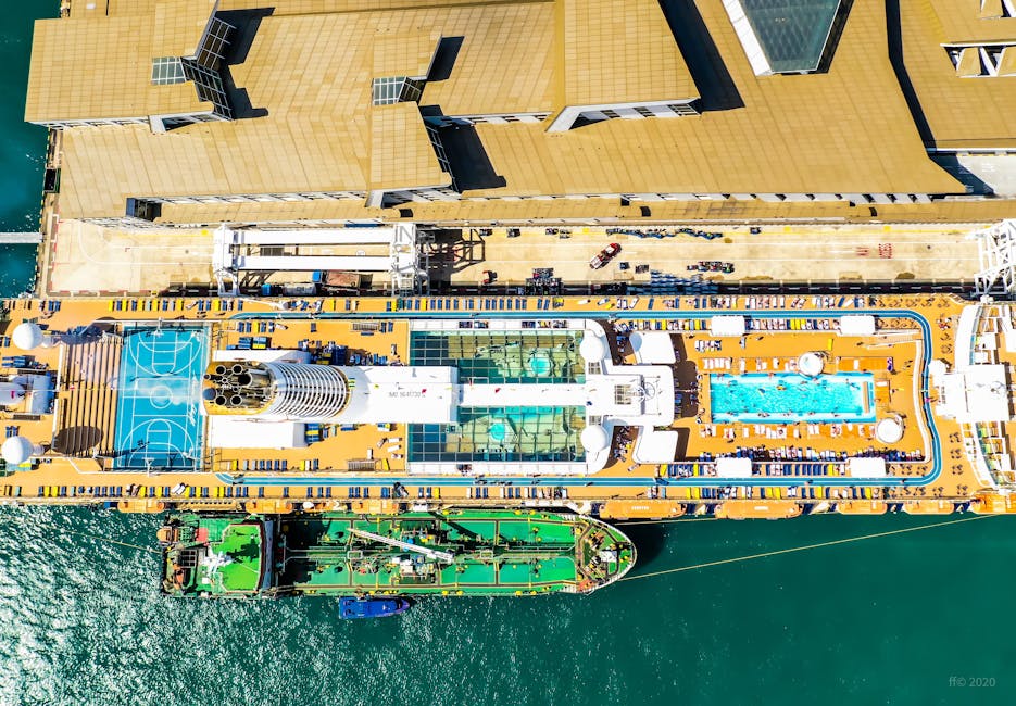 Aerial view of cruise ship pool deck with water activities for families