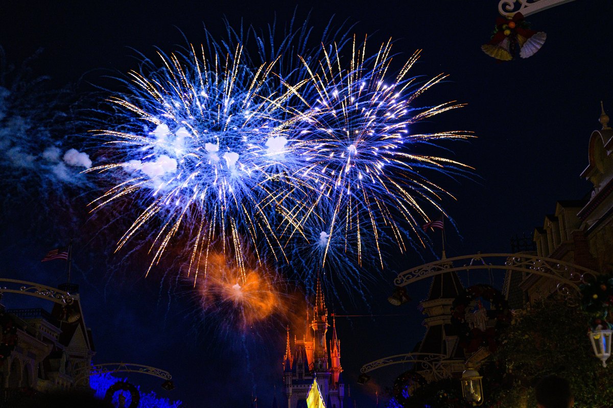 Fireworks over the castle at Walt Disney World in Florida at the end of a park day
