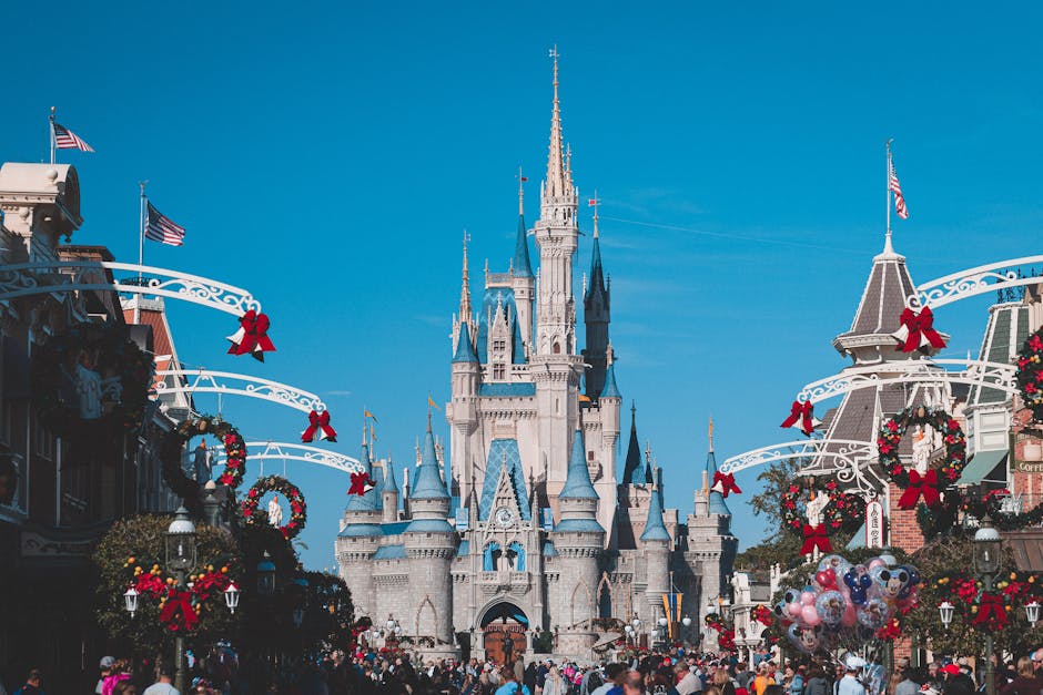 Cinderella Castle at Disney World's Magic Kingdom adorned for holiday festivities