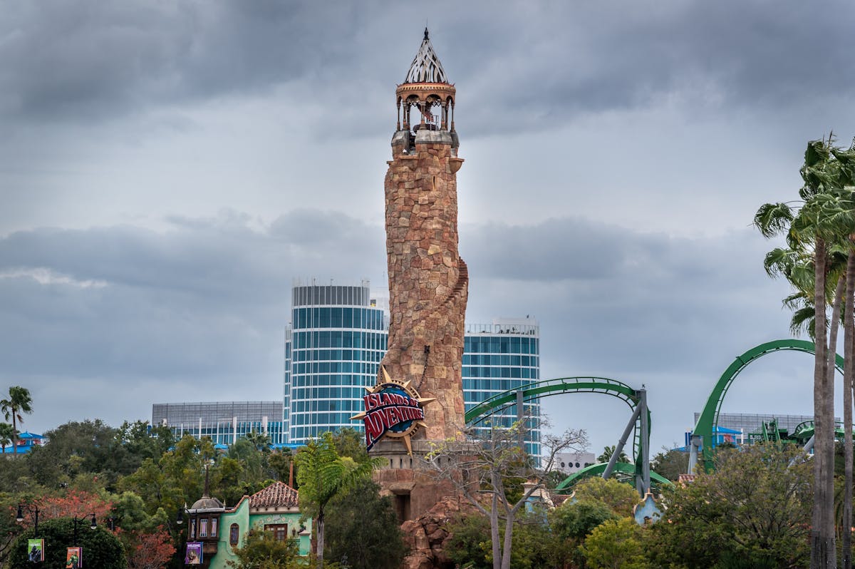 The iconic lighthouse tower at Islands of Adventure in Universal Orlando