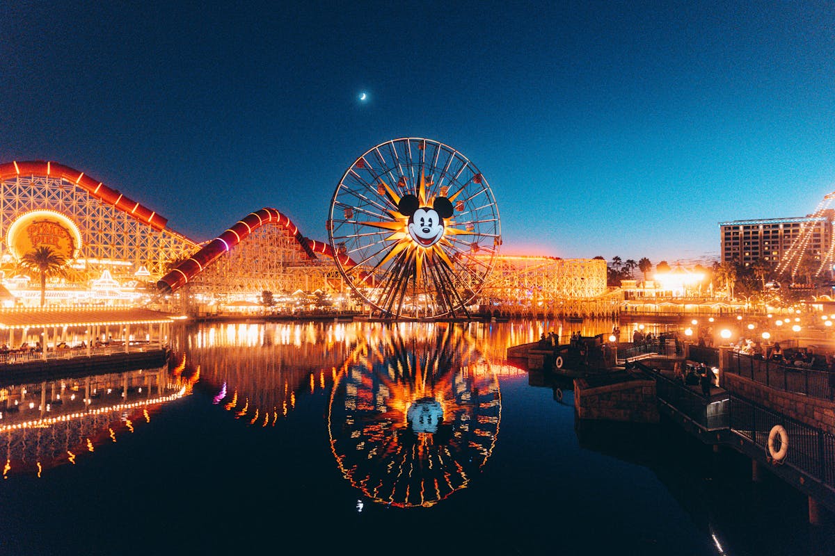 Pixar Pier and Mickey Mouse Ferris wheel at Disneyland California Adventure at night