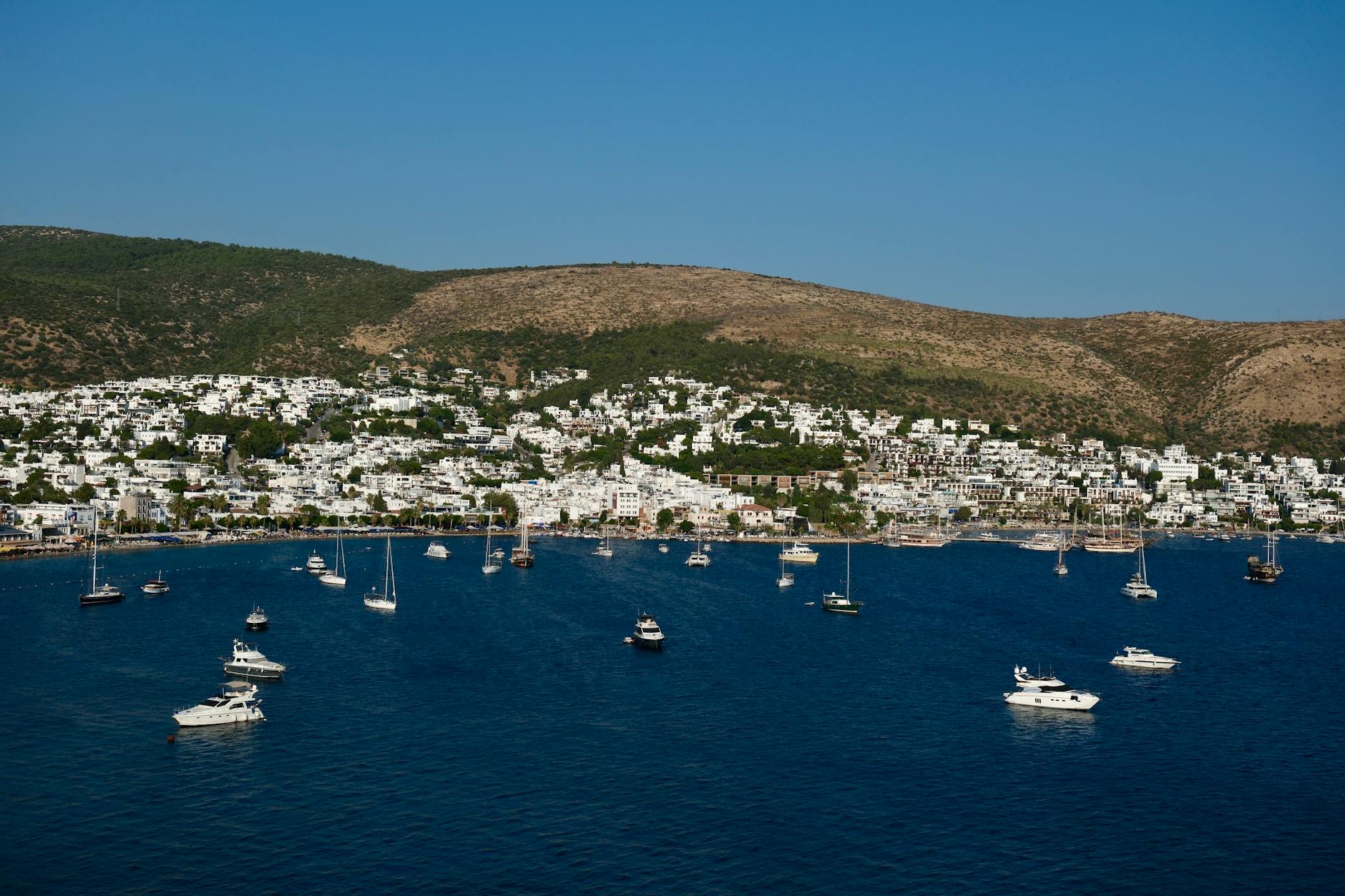 Bodrum harbour with boats and whitewashed houses, a family holidays to Turkey west coast scene