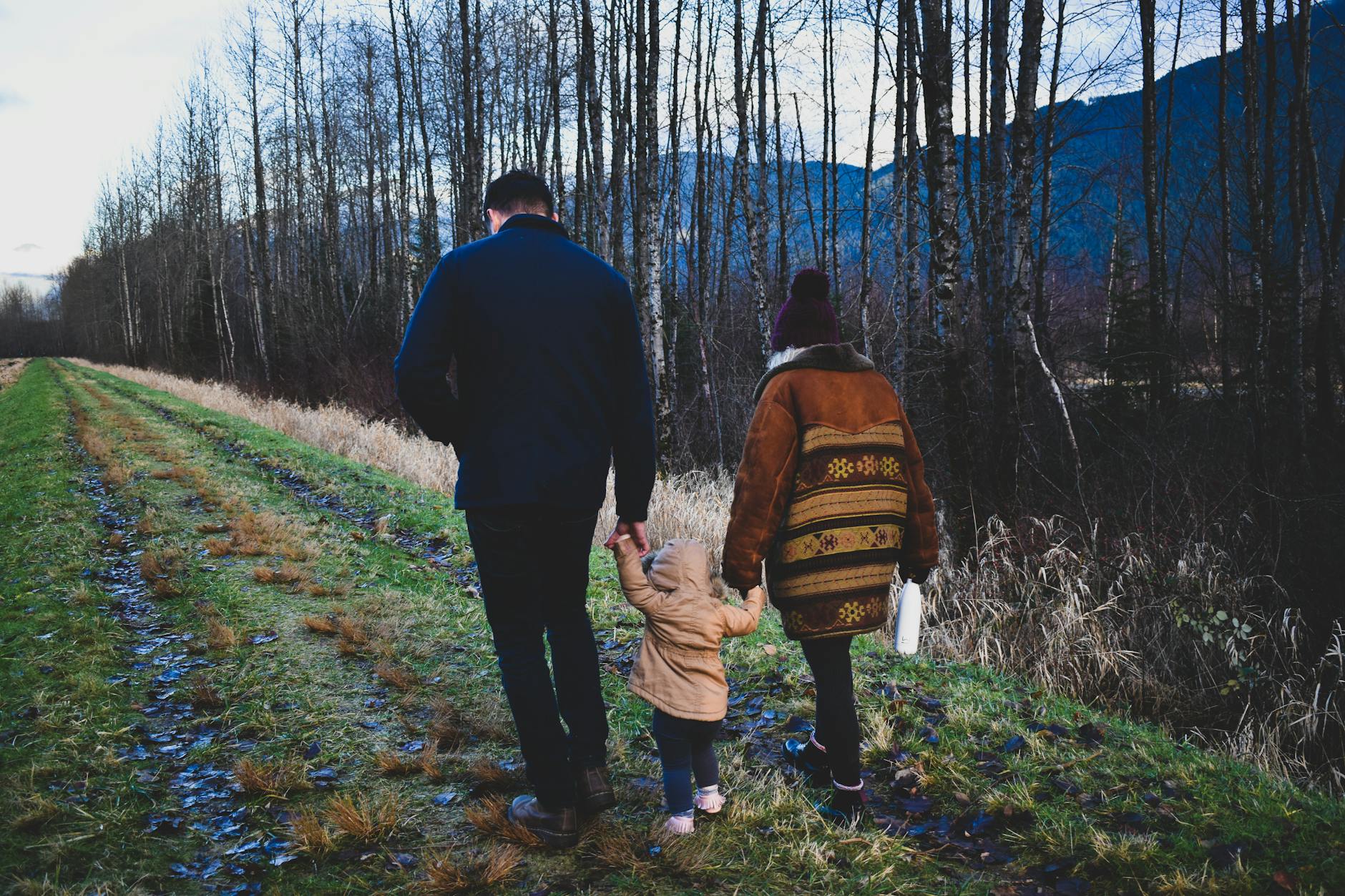 Family walking hand in hand along a forest trail on a cool autumn day