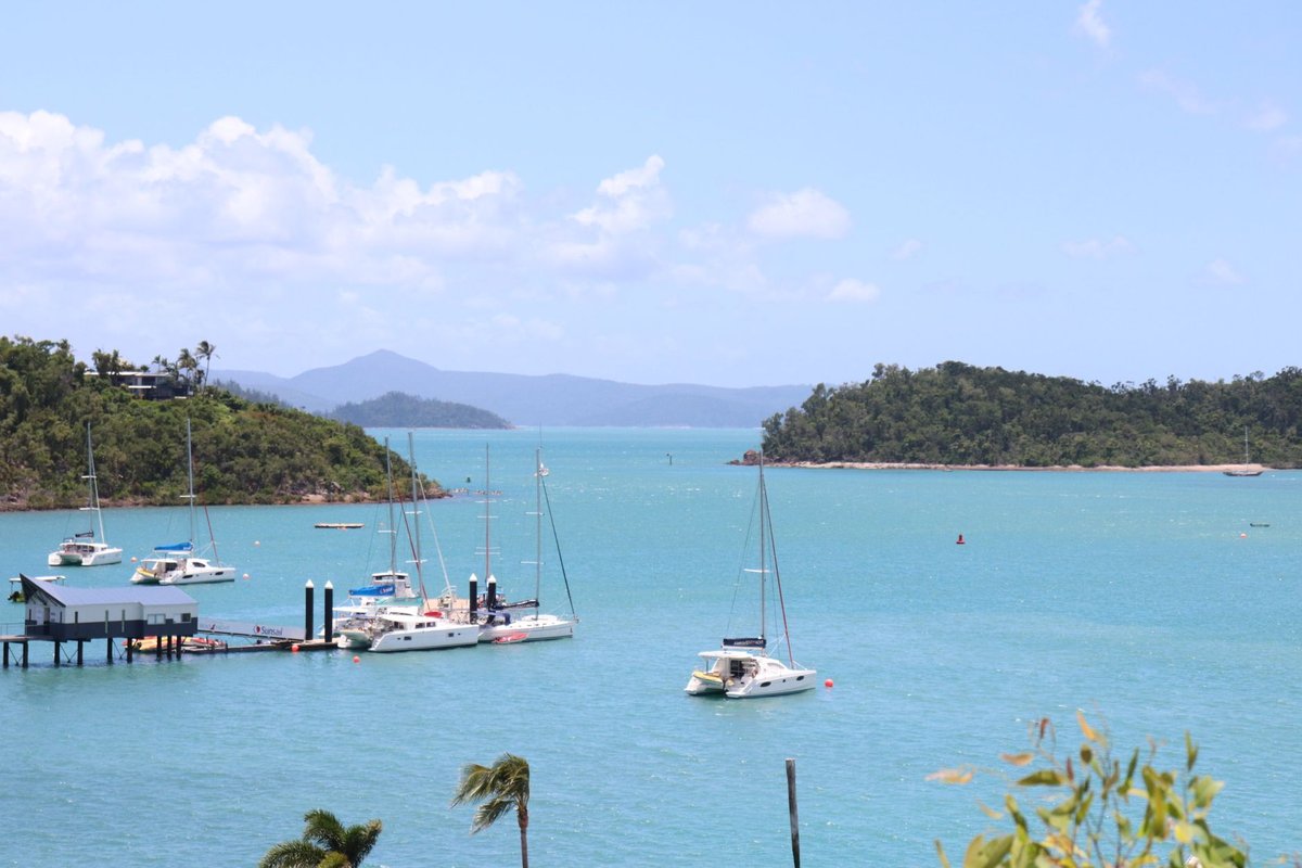 Yachts moored in a sheltered Whitsundays bay below hillside houses, the island setting the Hamilton Island accommodation tiers below sit in.