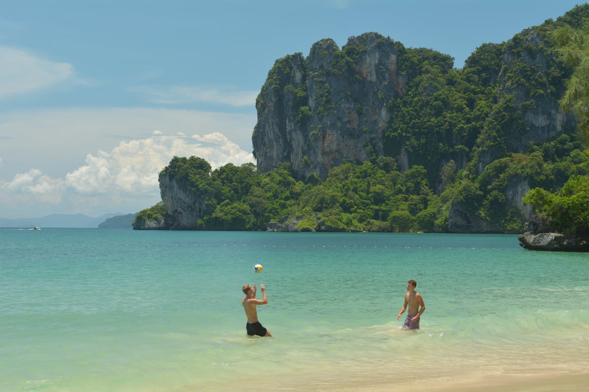Krabi coastline with dramatic limestone karst formations and calm turquoise water