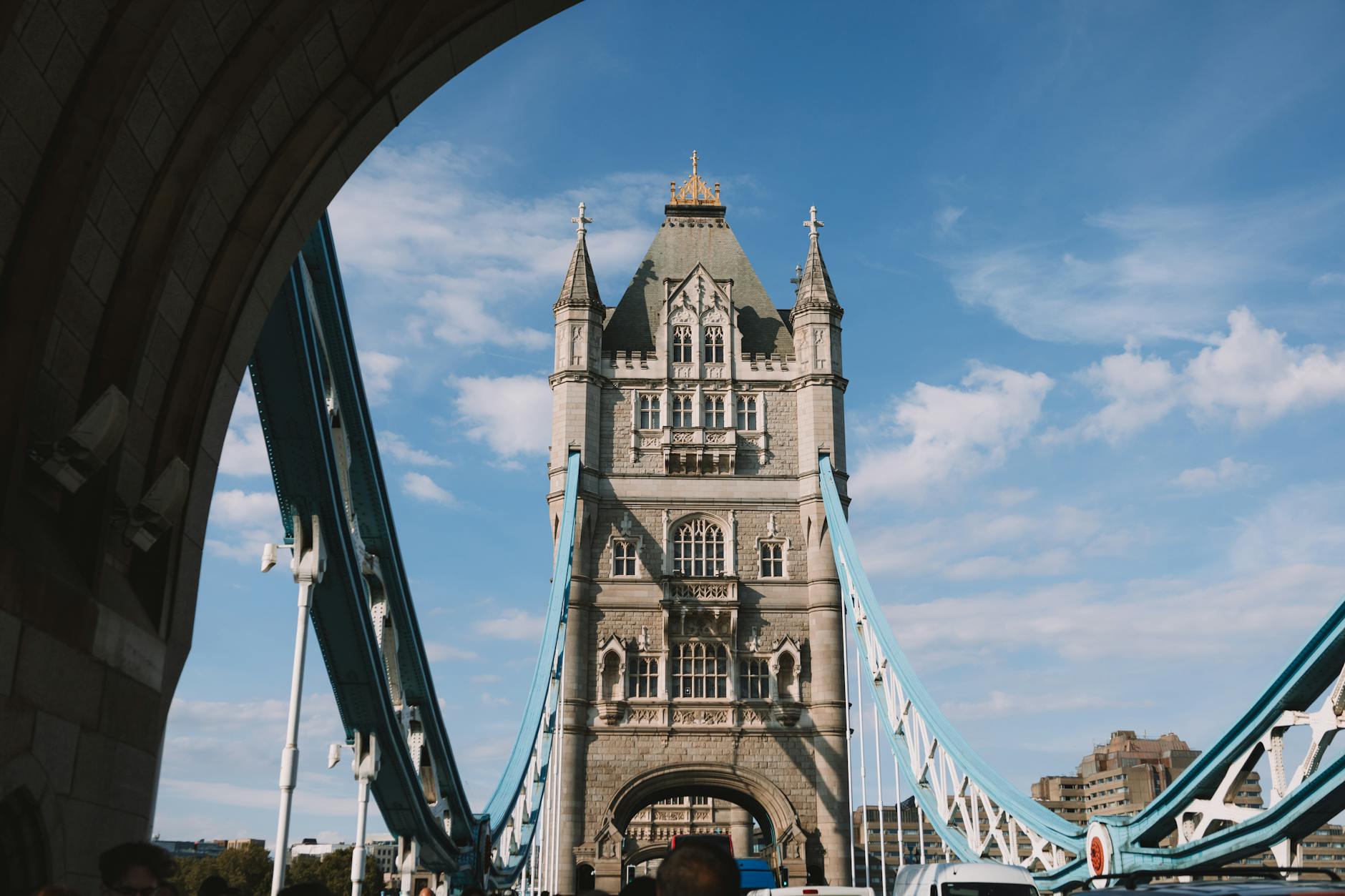 Tower Bridge in London under a clear blue sky showcasing its iconic twin towers