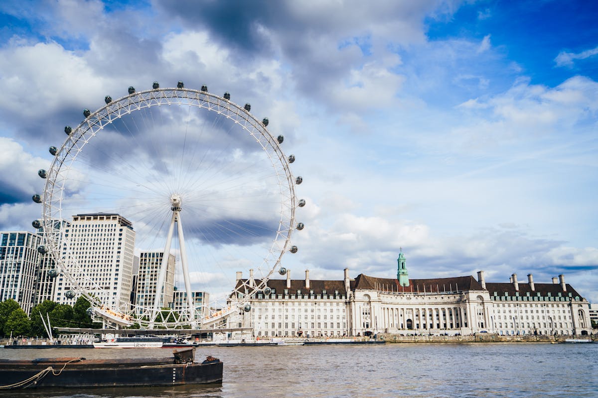London Eye and South Bank skyline along the River Thames on a sunny day