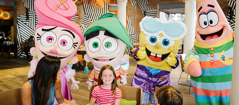 Pajama Jam character breakfast at Nickelodeon Punta Cana with multiple Nick characters at the dining table