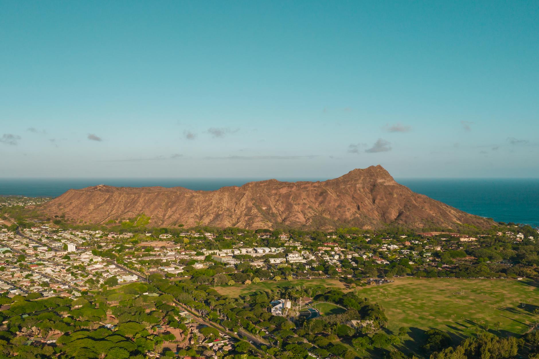 Aerial view of Diamond Head crater and surrounding Honolulu landscape in Oahu Hawaii