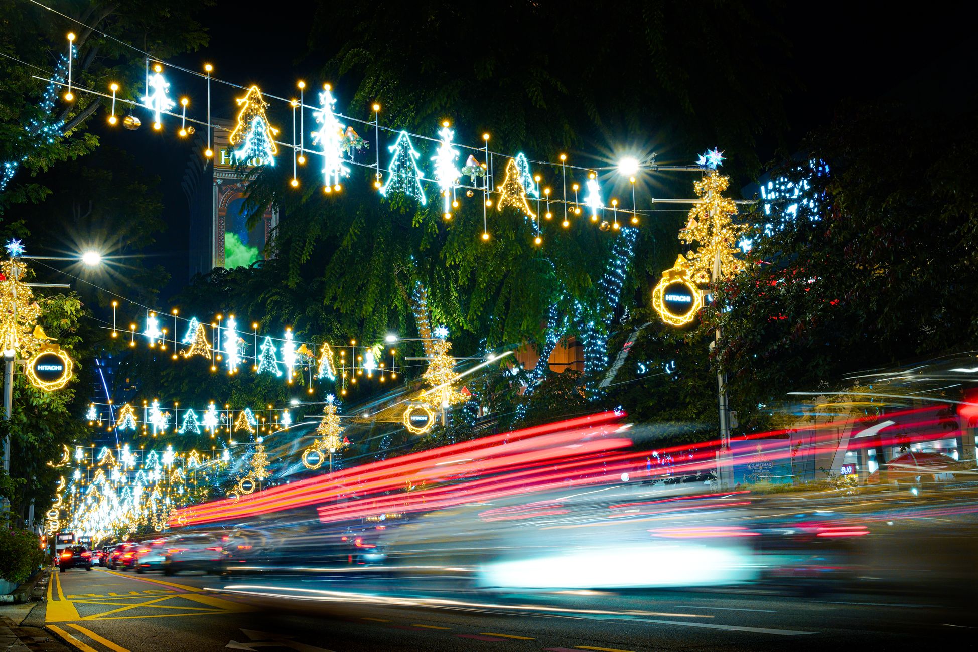 City street canopied with glowing Christmas tree light decorations and illuminated trees at night