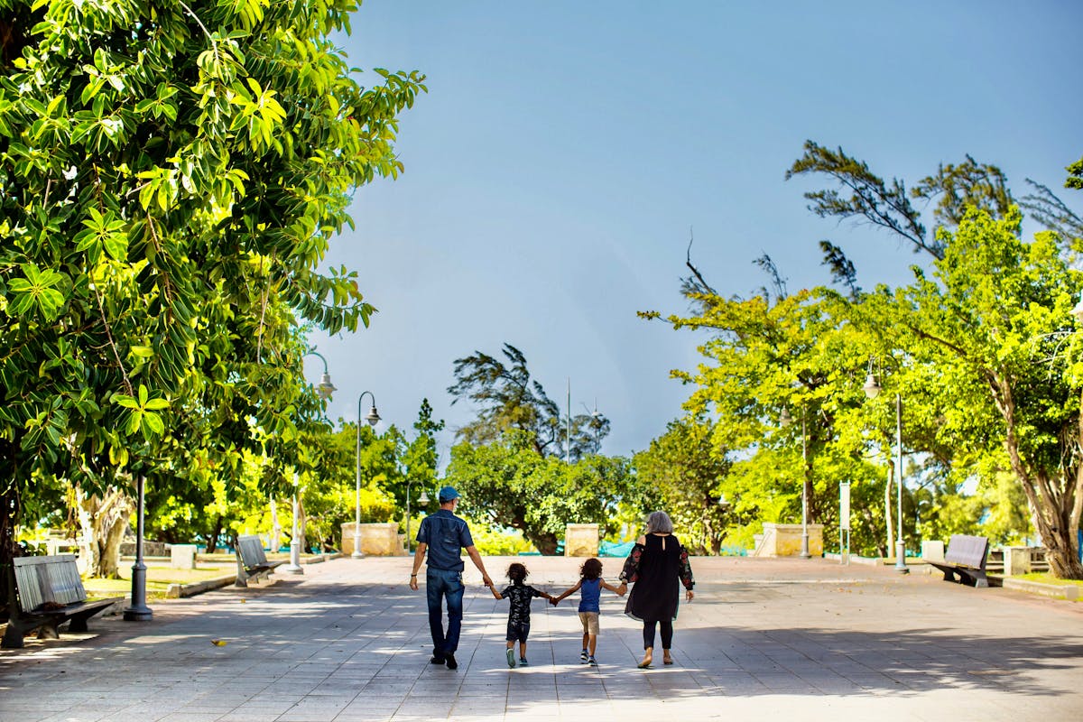 Family walking through a Southern city park with green trees