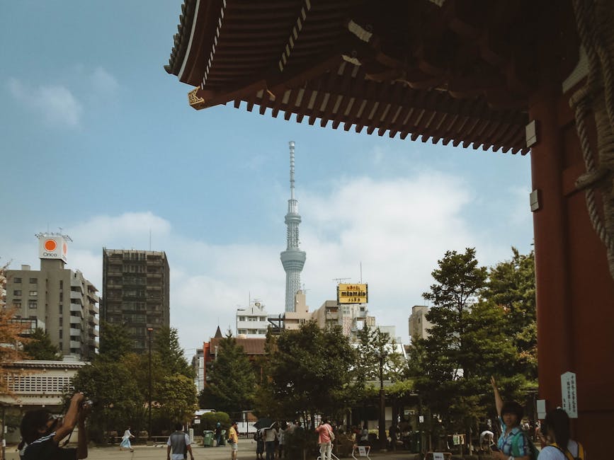 Tokyo skyline from Senso-ji, the wider city a 도쿄 디즈니랜드 family trip is usually built around