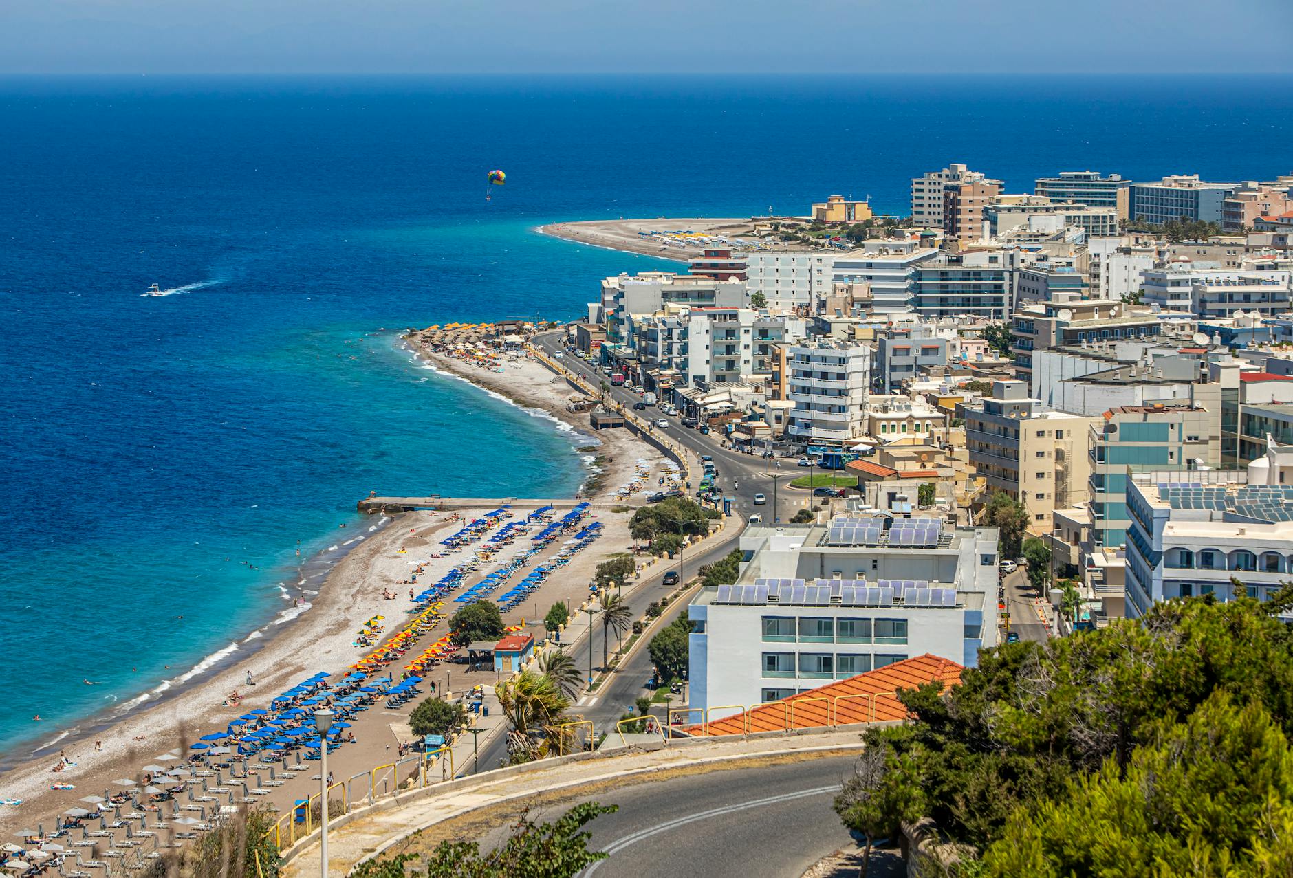 Aerial view of Rhodes coastline and beaches along the Aegean Sea in Greece