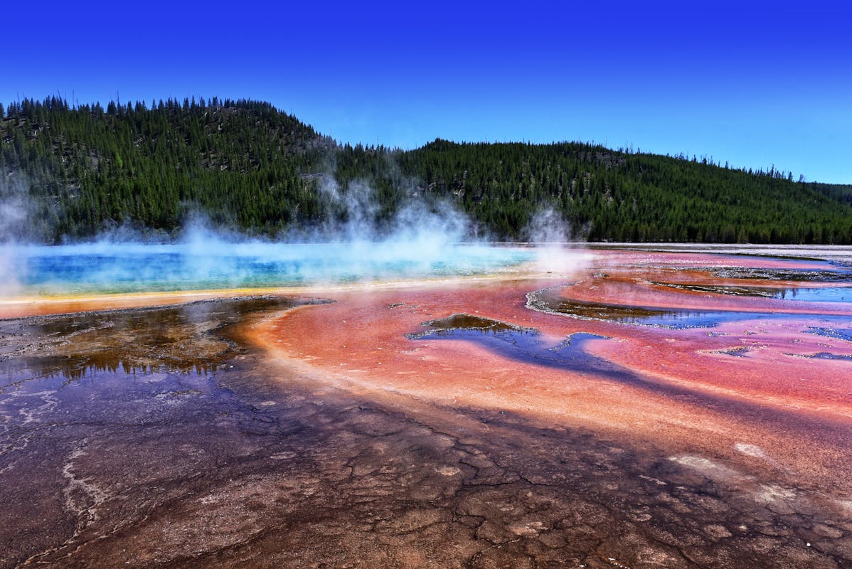 Grand Prismatic Spring with its brilliant orange and blue colors at Yellowstone