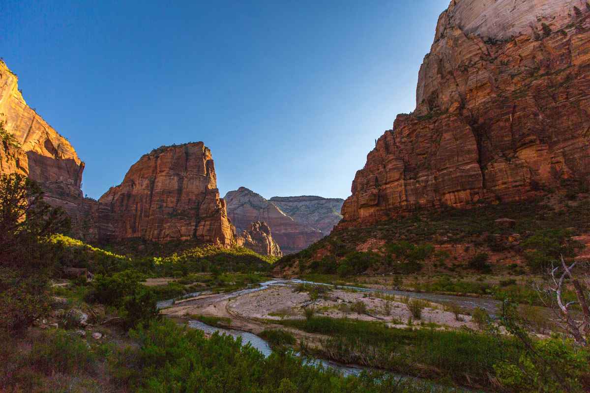 Scenic canyon view in Zion National Park with winding river through dramatic red rock formations