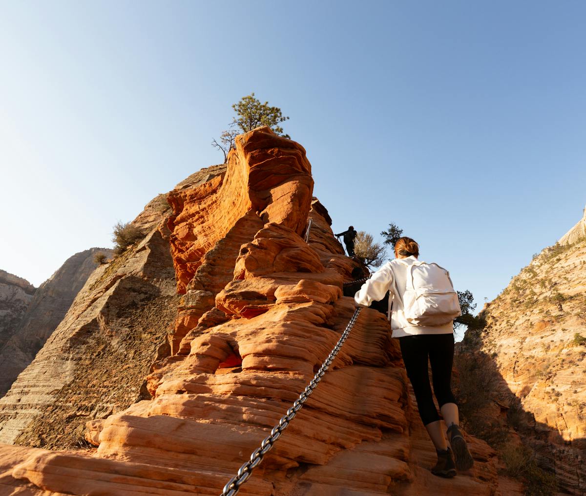 Family hiker exploring the rugged sandstone trails of Zion National Park in Utah