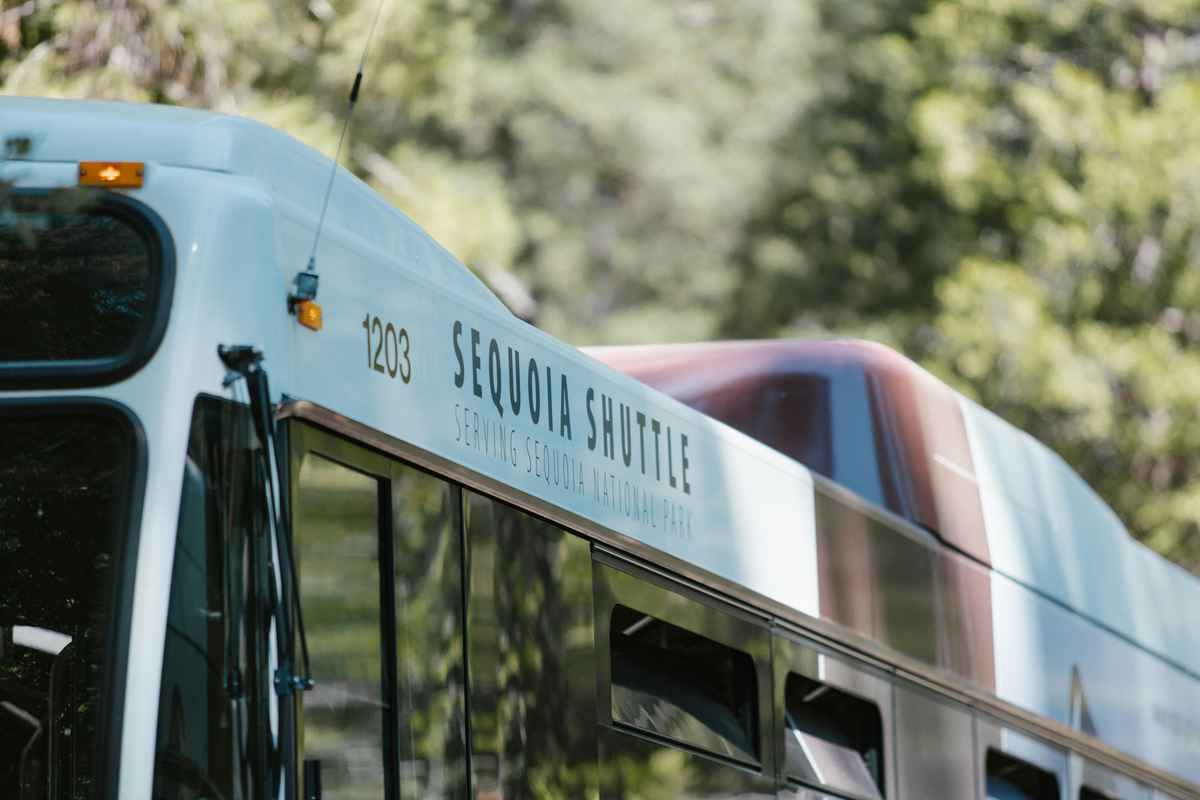 National park shuttle bus in natural setting providing visitor transportation through scenic areas