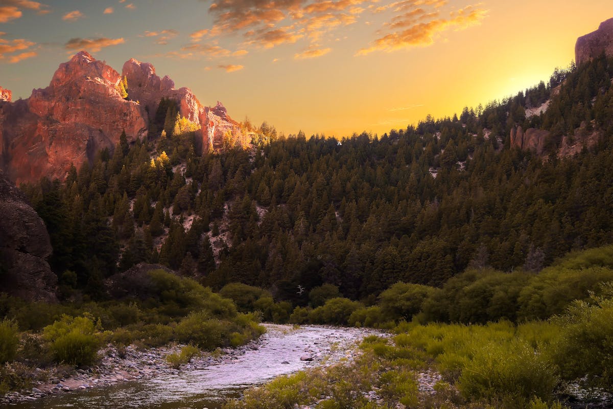 River flowing through Zion National Park canyon at sunset