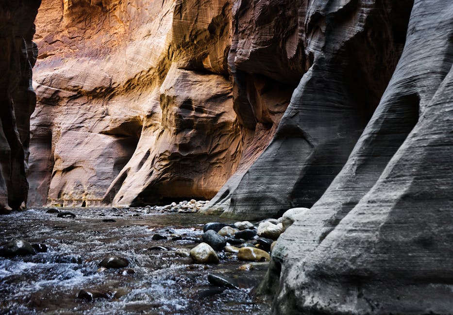 The Narrows at Zion National Park with towering canyon walls and a flowing river